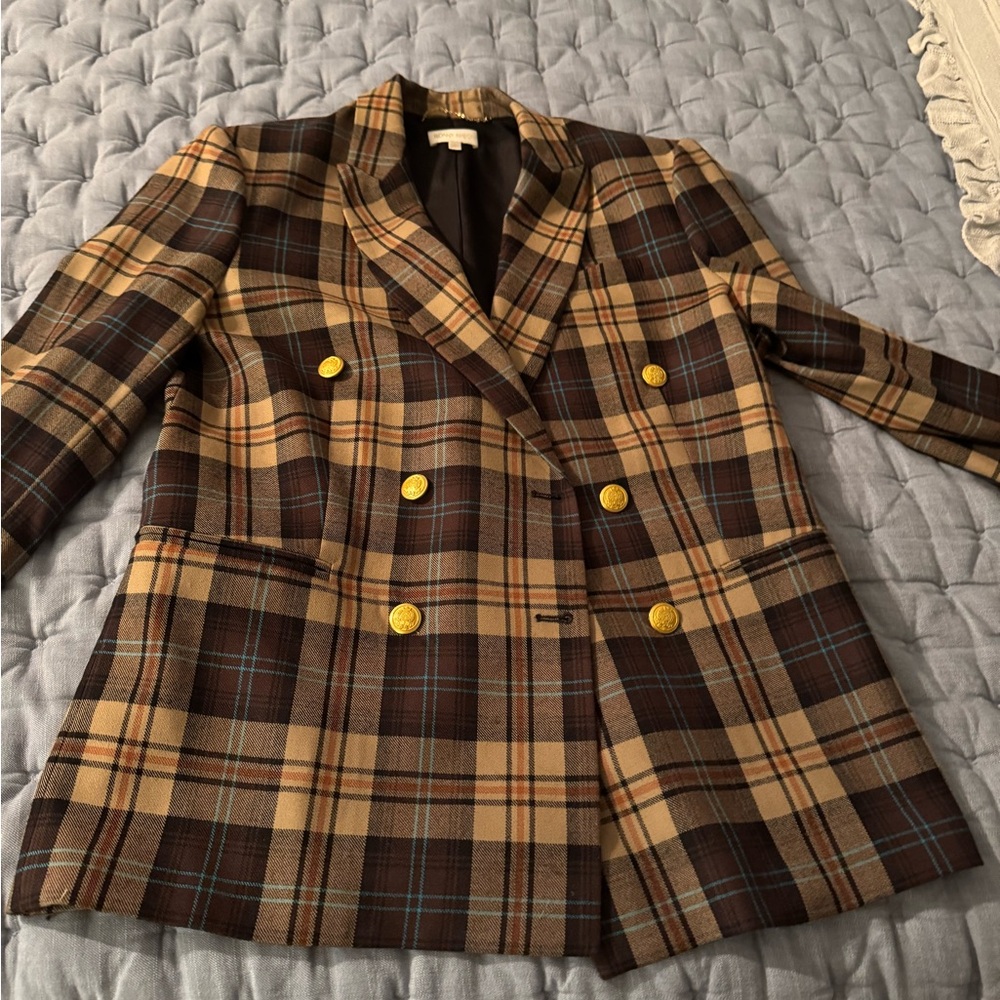 Ronny Kobo Collection Brown Plaid Blazer with Gold Buttons
